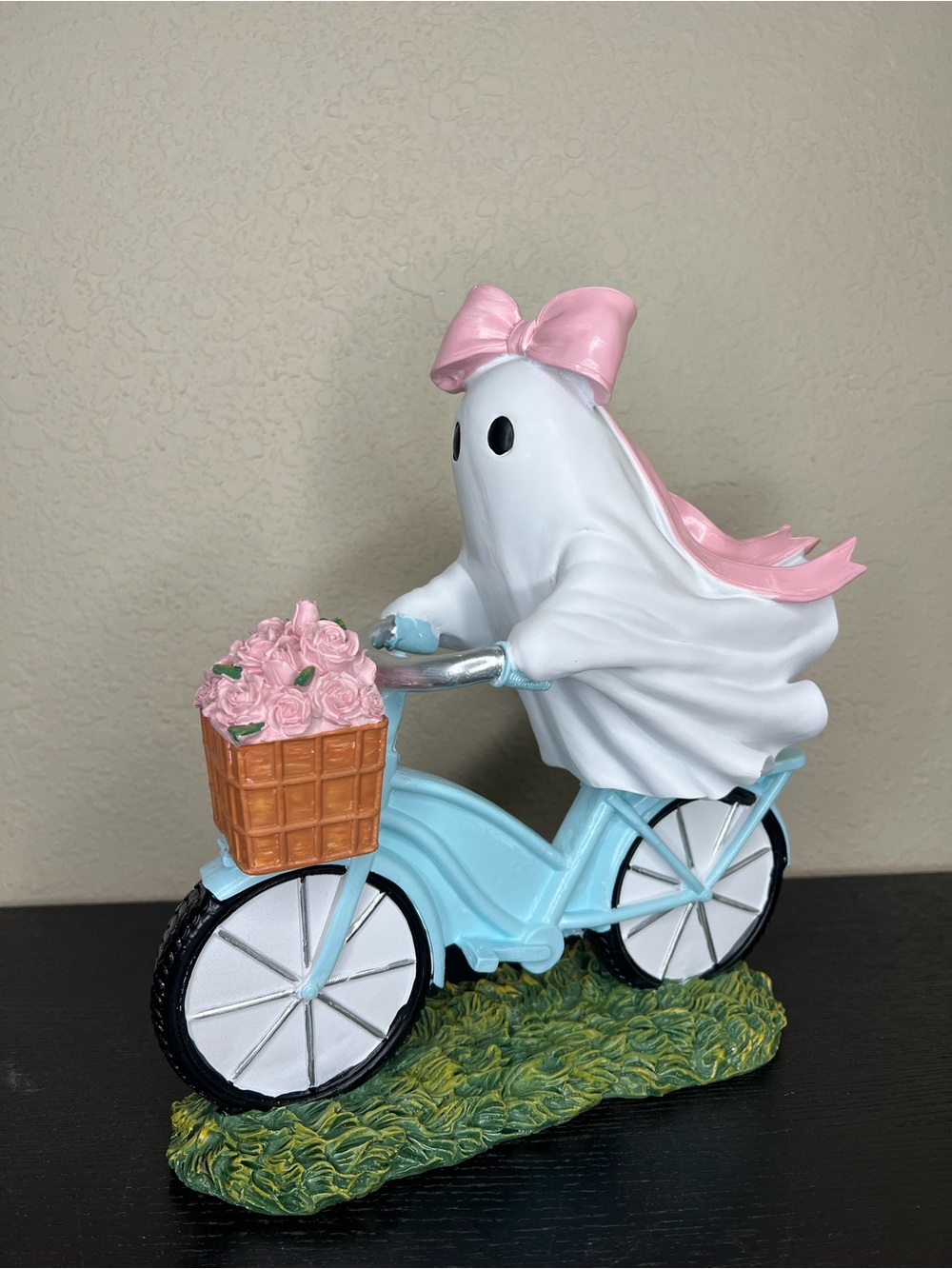 NEW Halloween Summerween Ghost Girl Riding Bike with Pink Bow & Flower Basket